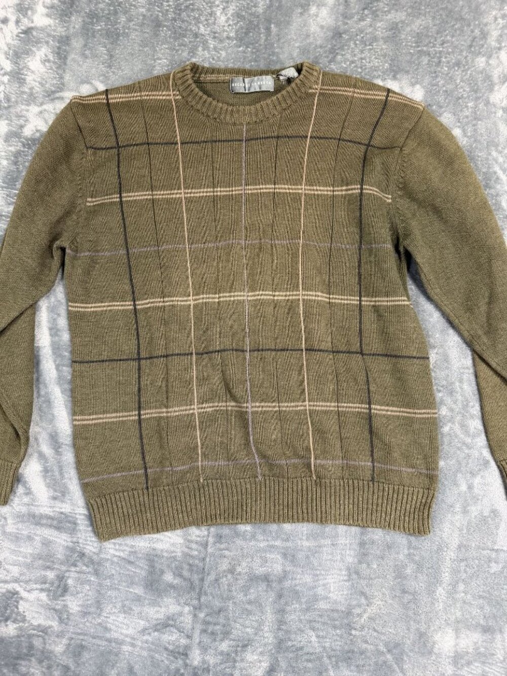 Oscar De La Renta Green Plaid Crewneck Sweater XL Cotton Blend